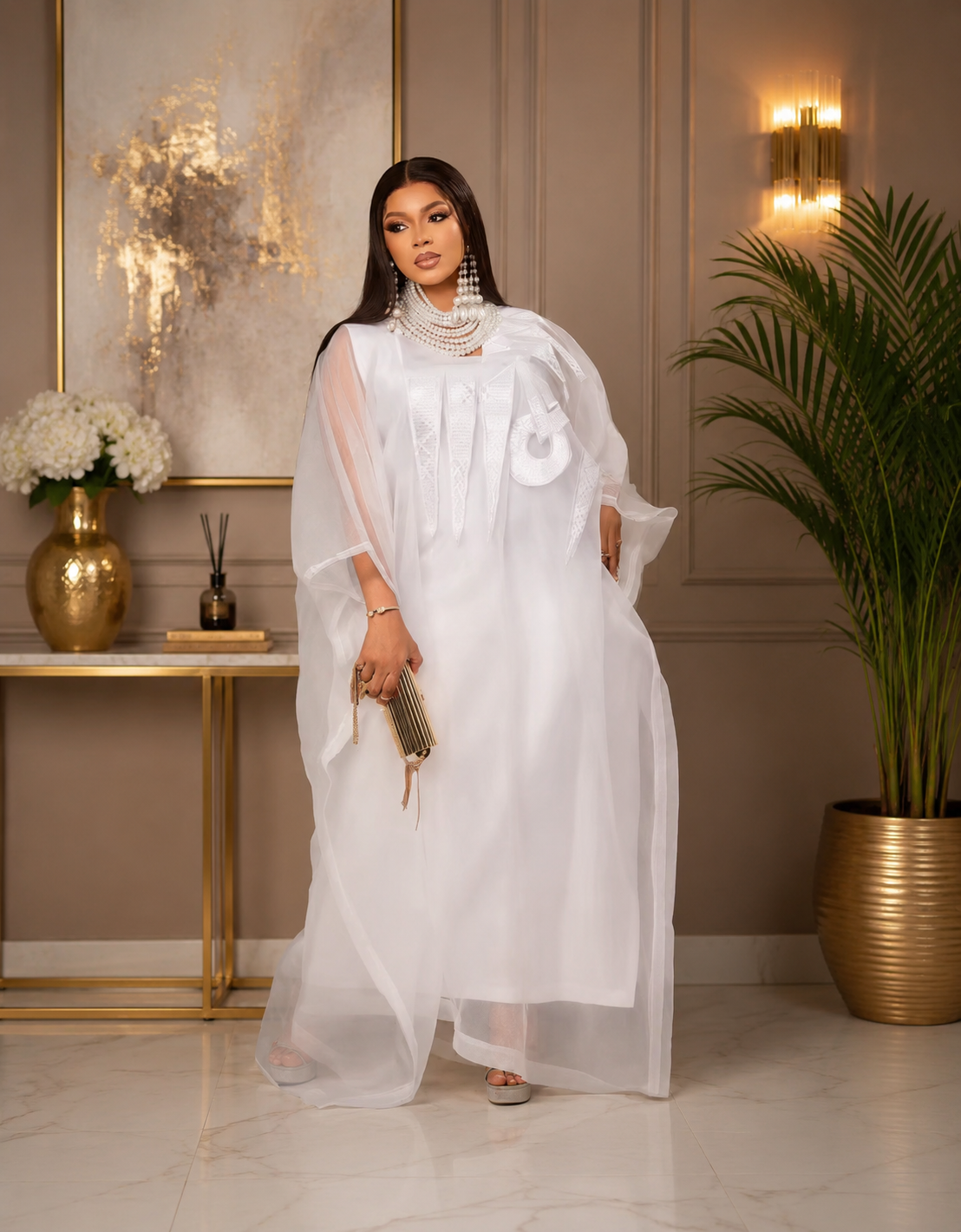 White Organza Ruffle Kaftan Dress – One Size