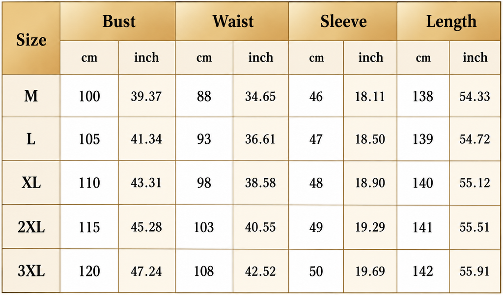 Size chart with bust, waist, sleeve and length measurements for M to 3XL