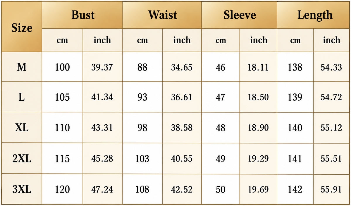 Size chart with bust, waist, sleeve and length measurements for M to 3XL
