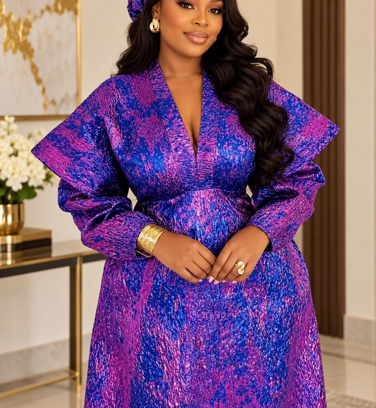 Purple statement sleeve Kaftan dress with matching headpiece