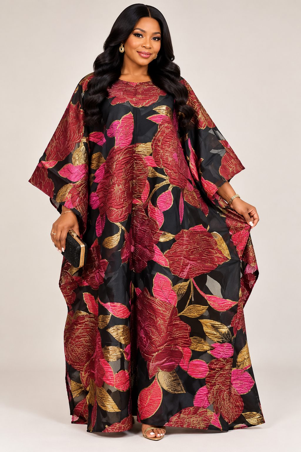 Burgundy and pink floral Kaftan dress against a neutral background