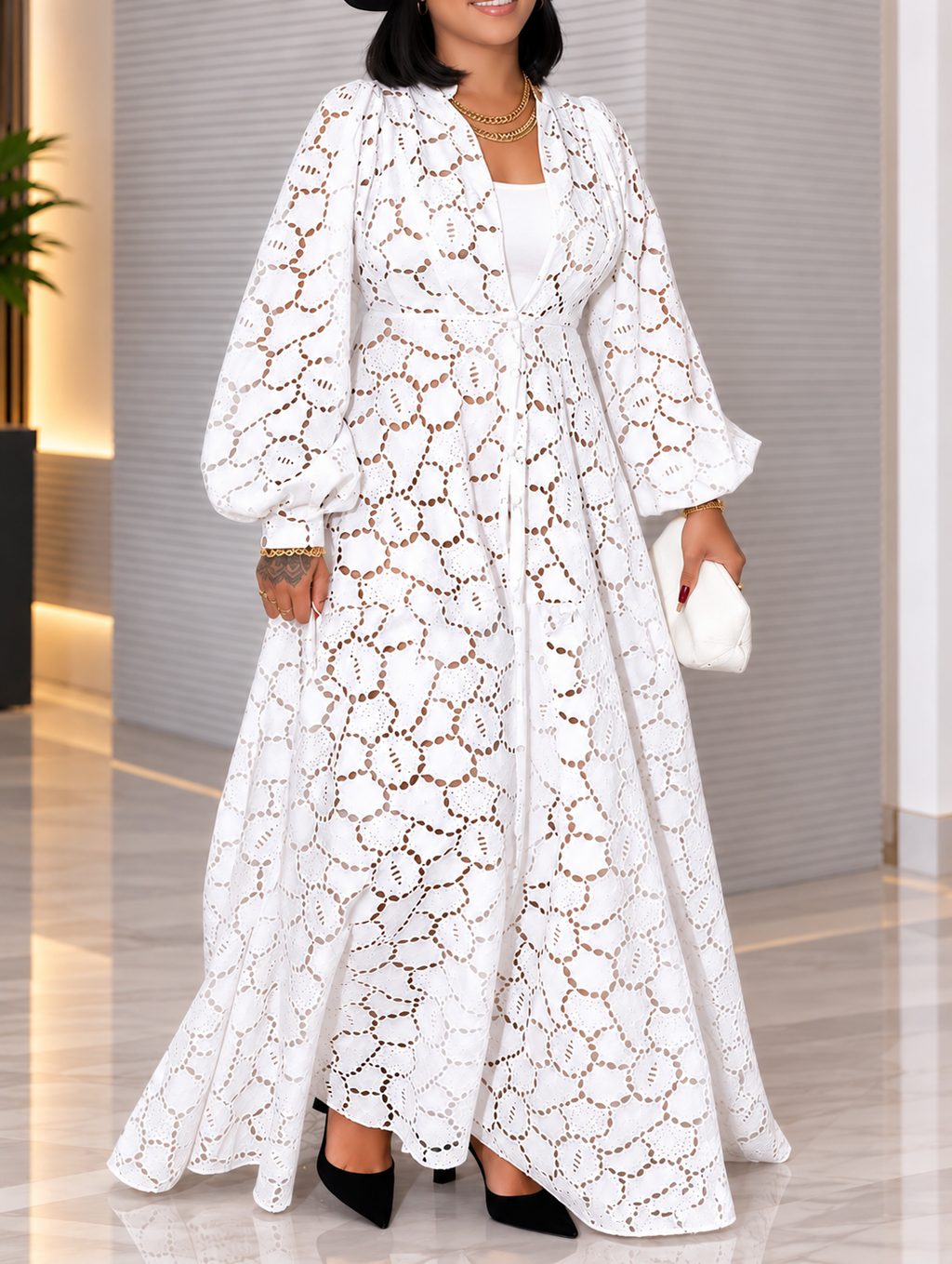 White eyelet lace maxi dress styled with a camisole