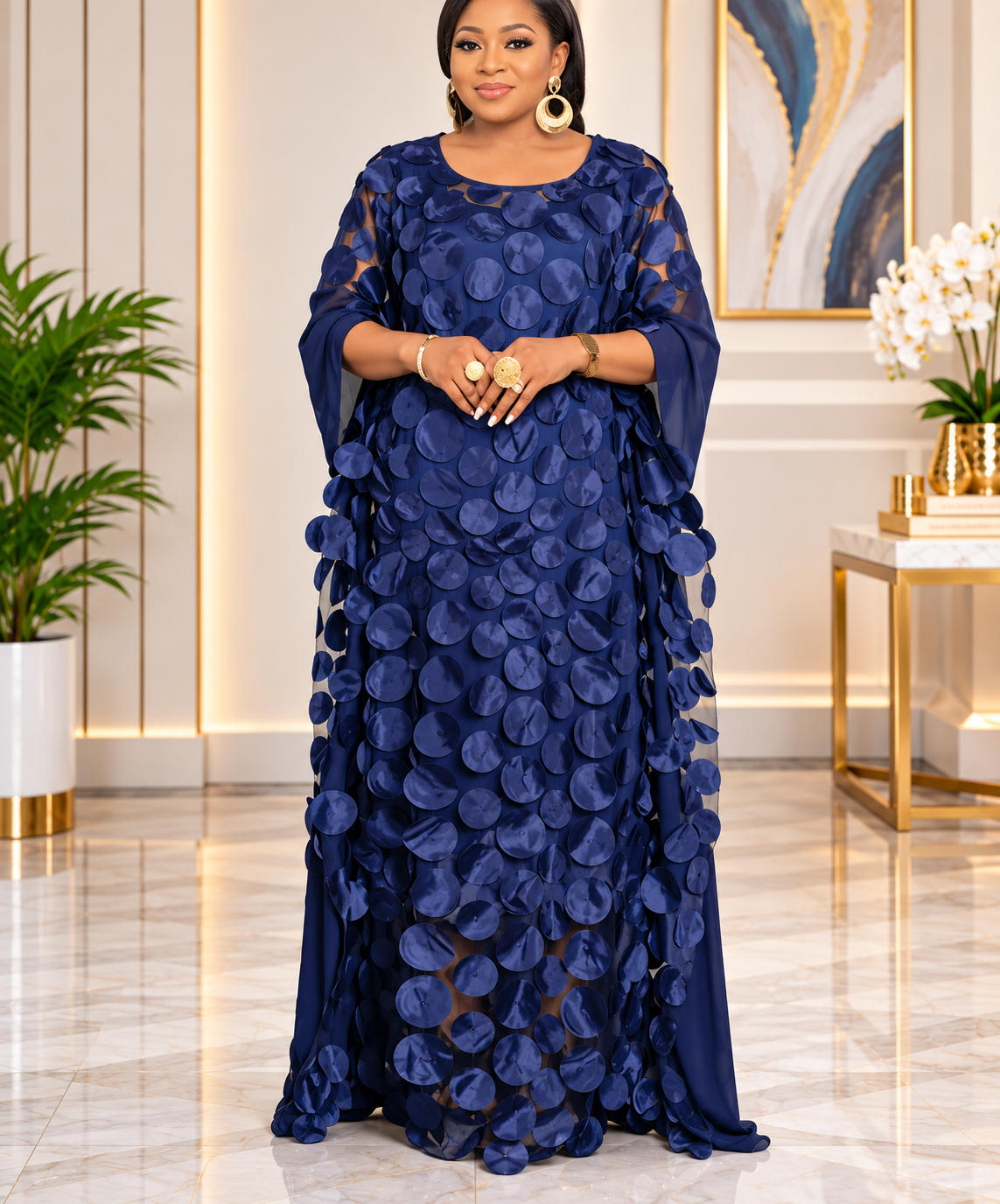 Navy blue disc-embellished Kaftan dress