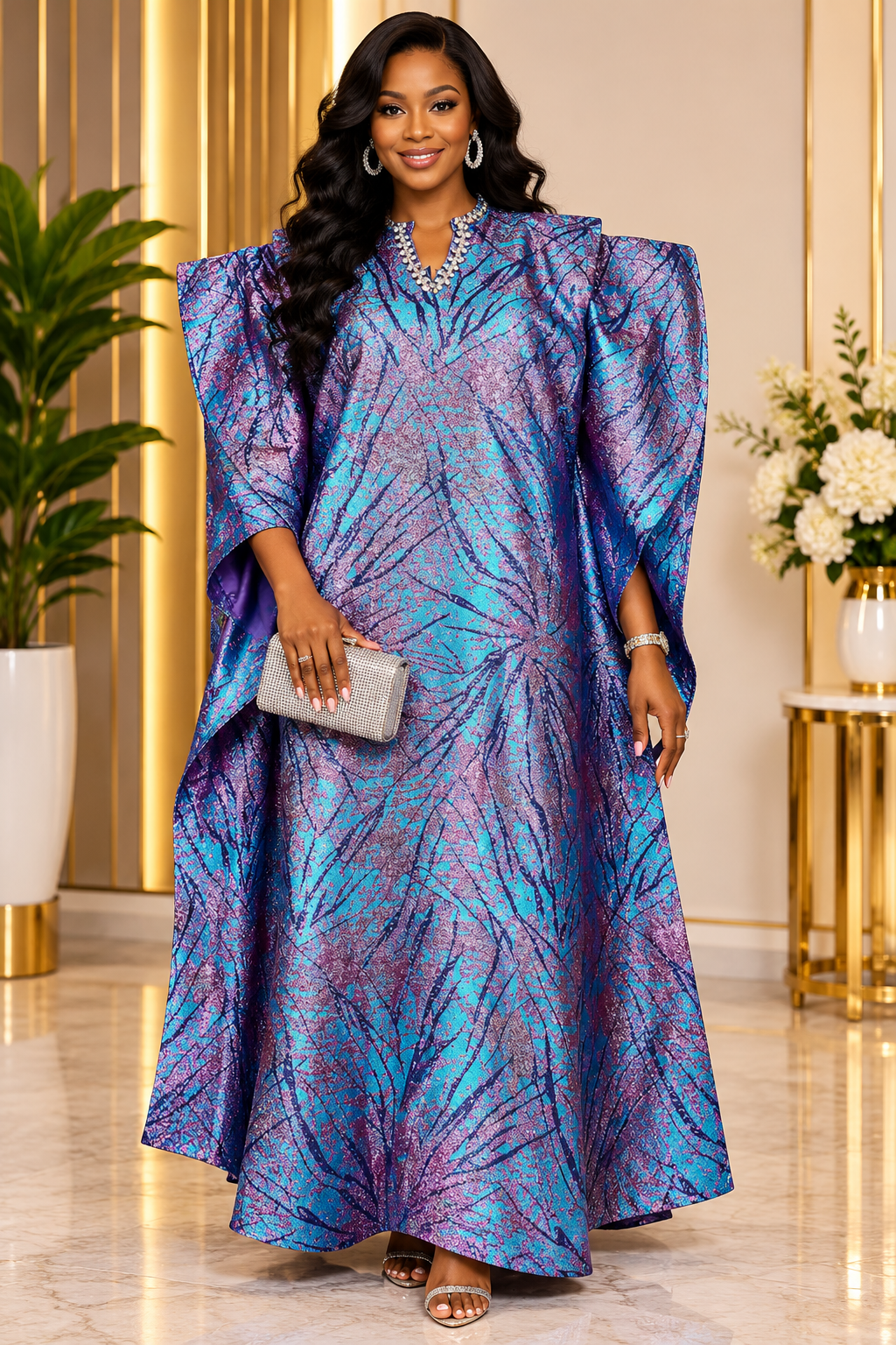 Purple and turquoise Kaftan with structured shoulders