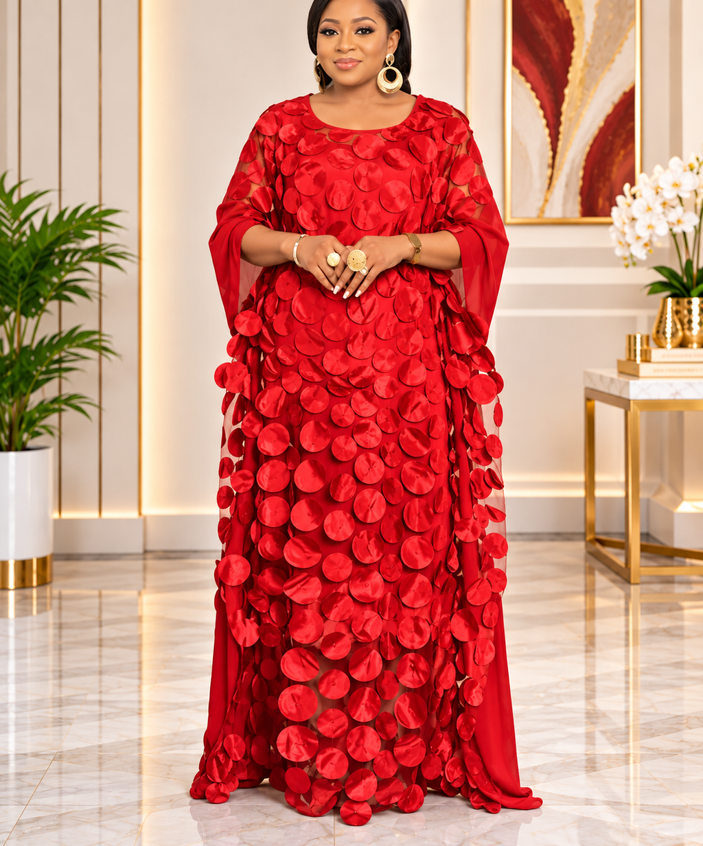 Red disc-embellished Kaftan dress