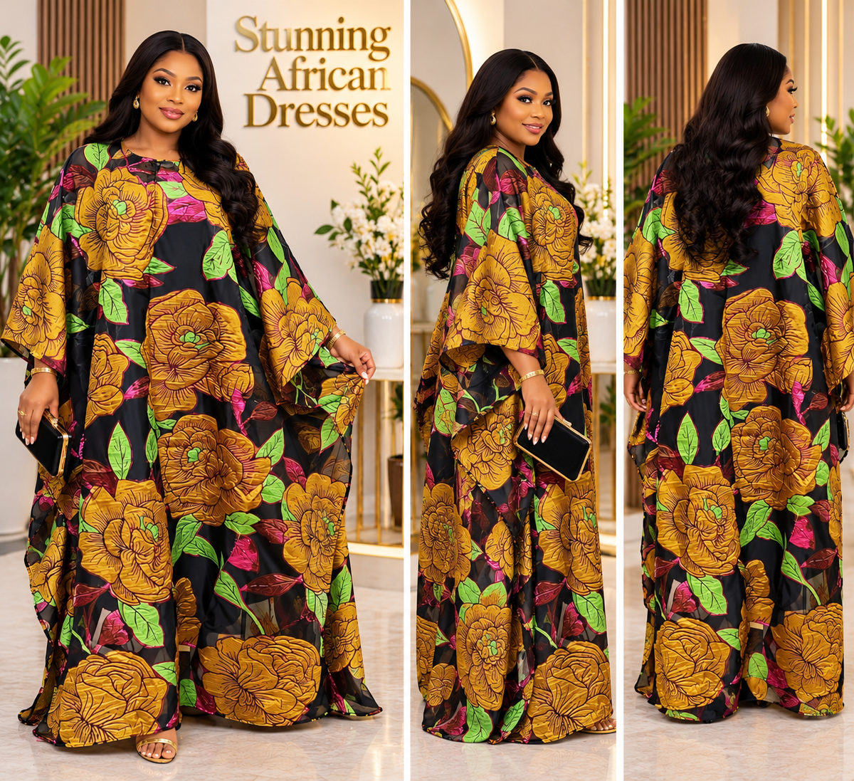Yellow multicolour floral Kaftan dress shown from front, side and back
