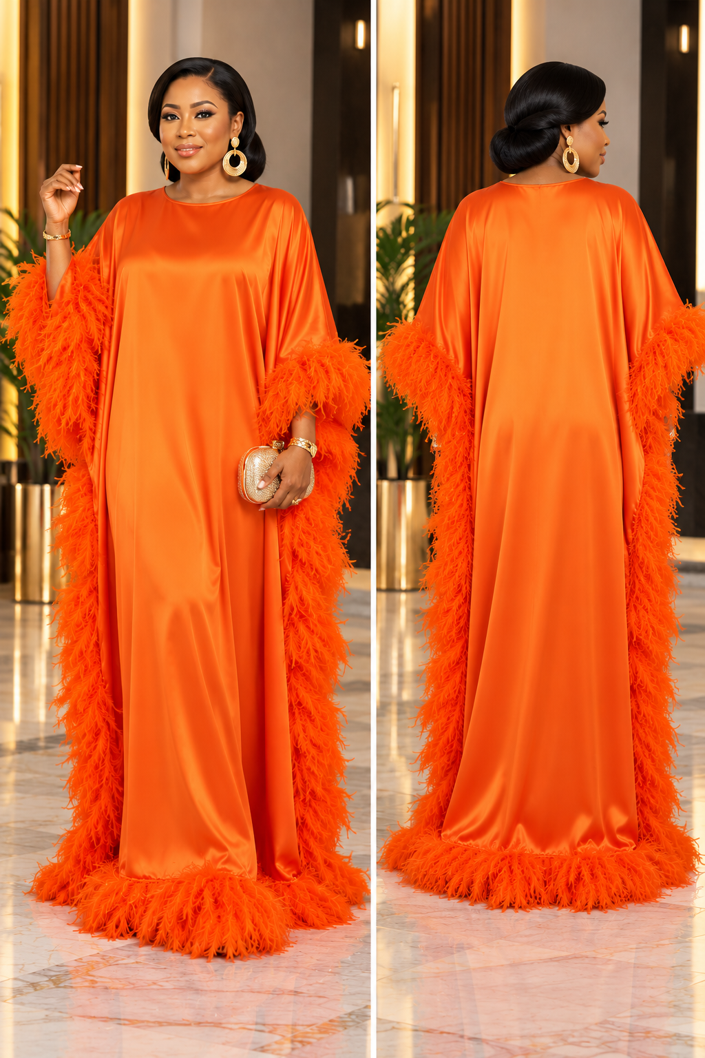 Orange feather-trimmed Kaftan dress, front and back