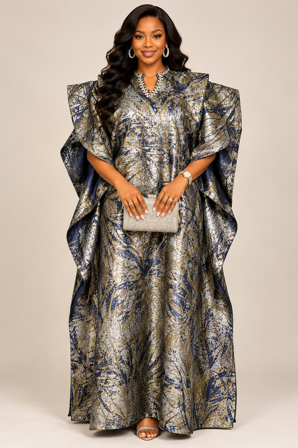 Silver and sapphire metallic Kaftan dress
