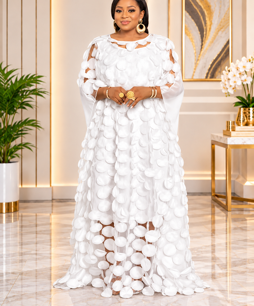 White disc-embellished Kaftan dress