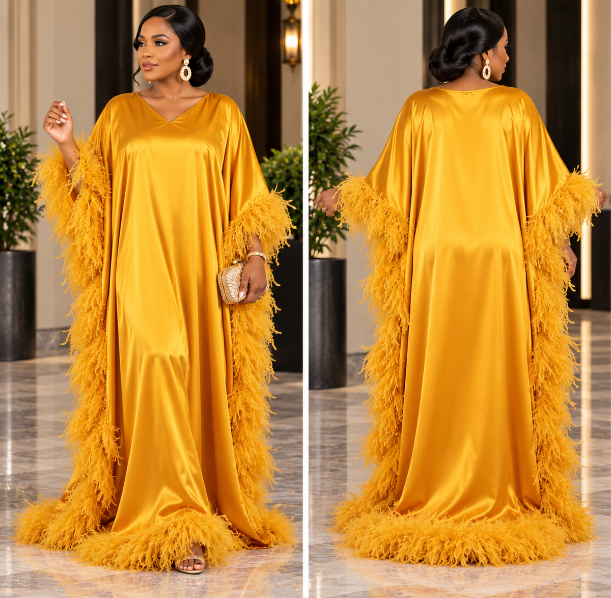 Gold feather-trimmed Kaftan dress, front and back