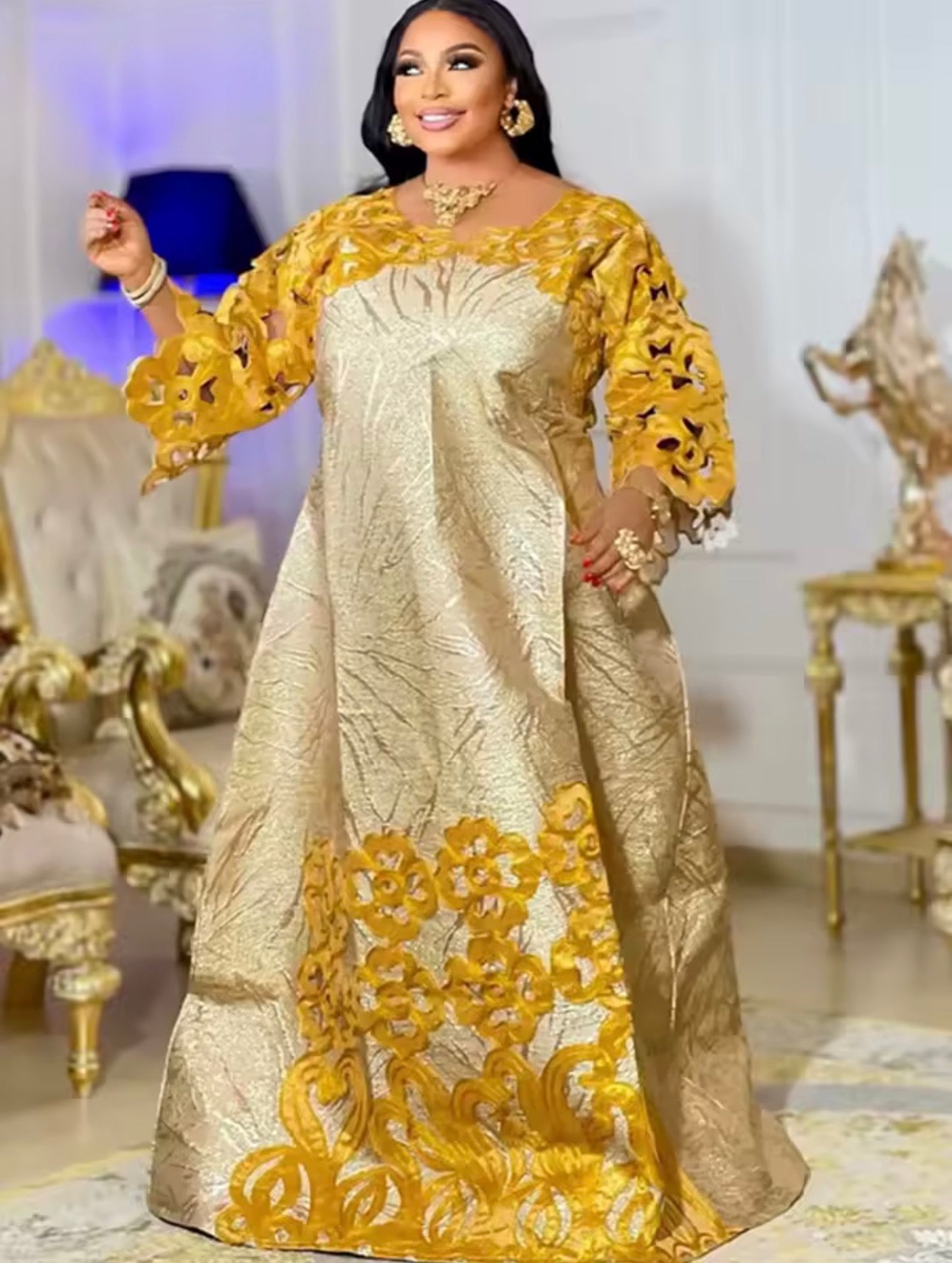 Luxury African Lace Kaftan Dress - Purple