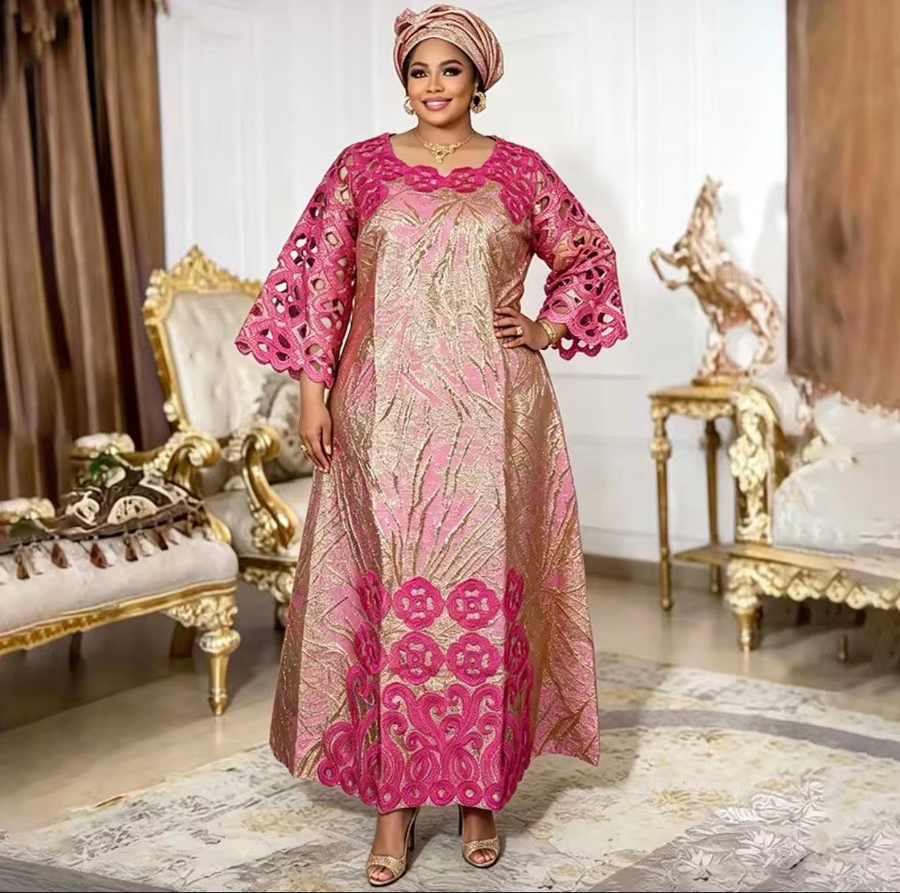 Luxury African Lace Kaftan Dress - Red