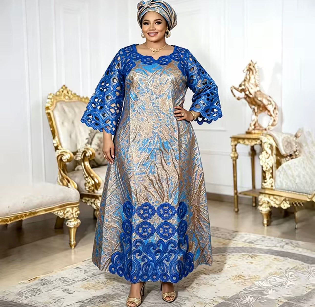 Luxury African Lace Kaftan Dress - Gold