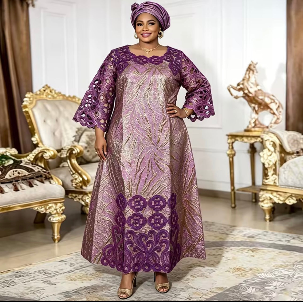 Luxury African Lace Kaftan Dress - Silver