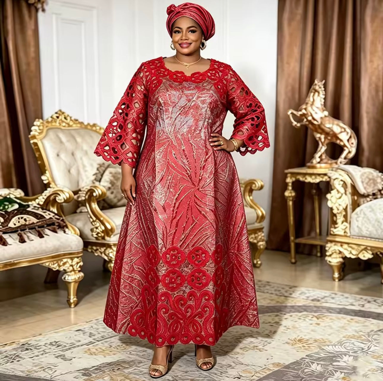 Luxury African Lace Kaftan Dress with Cutwork Sleeves