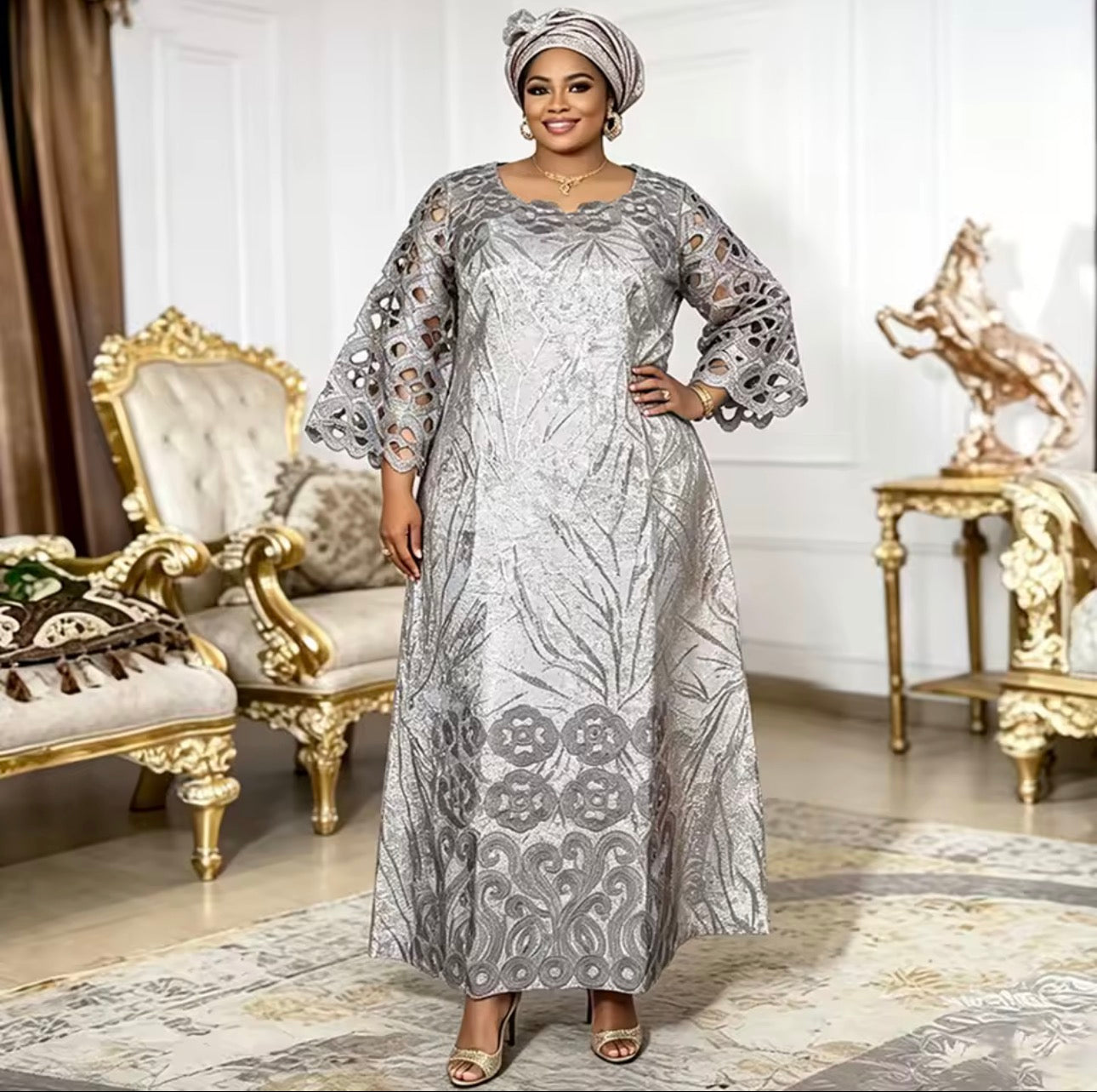 Luxury African Lace Kaftan Dress with Cutwork Sleeves