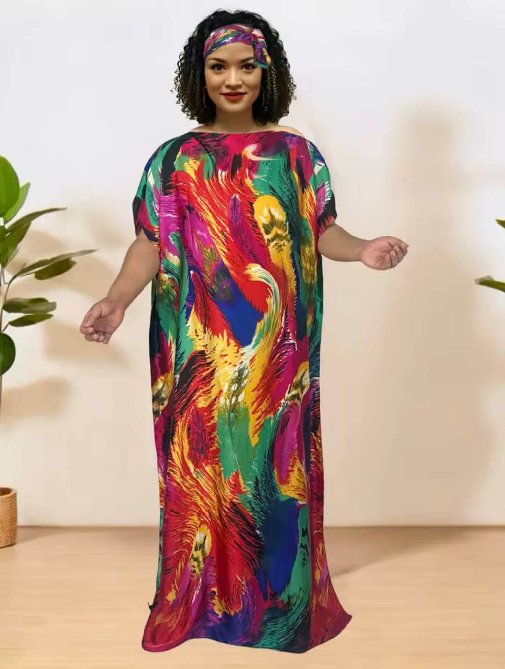 Multicolour Feather Print Kaftan