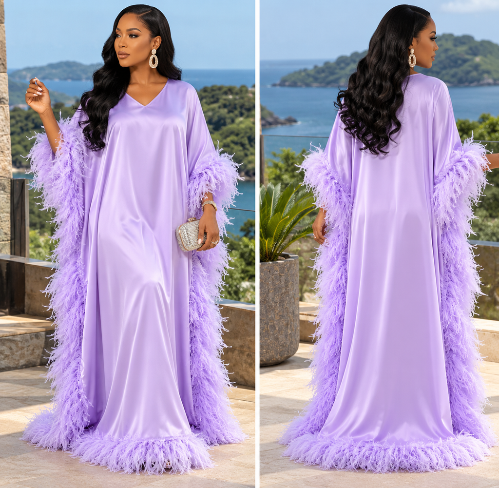 Lavender feather-trimmed Kaftan dress, front and back