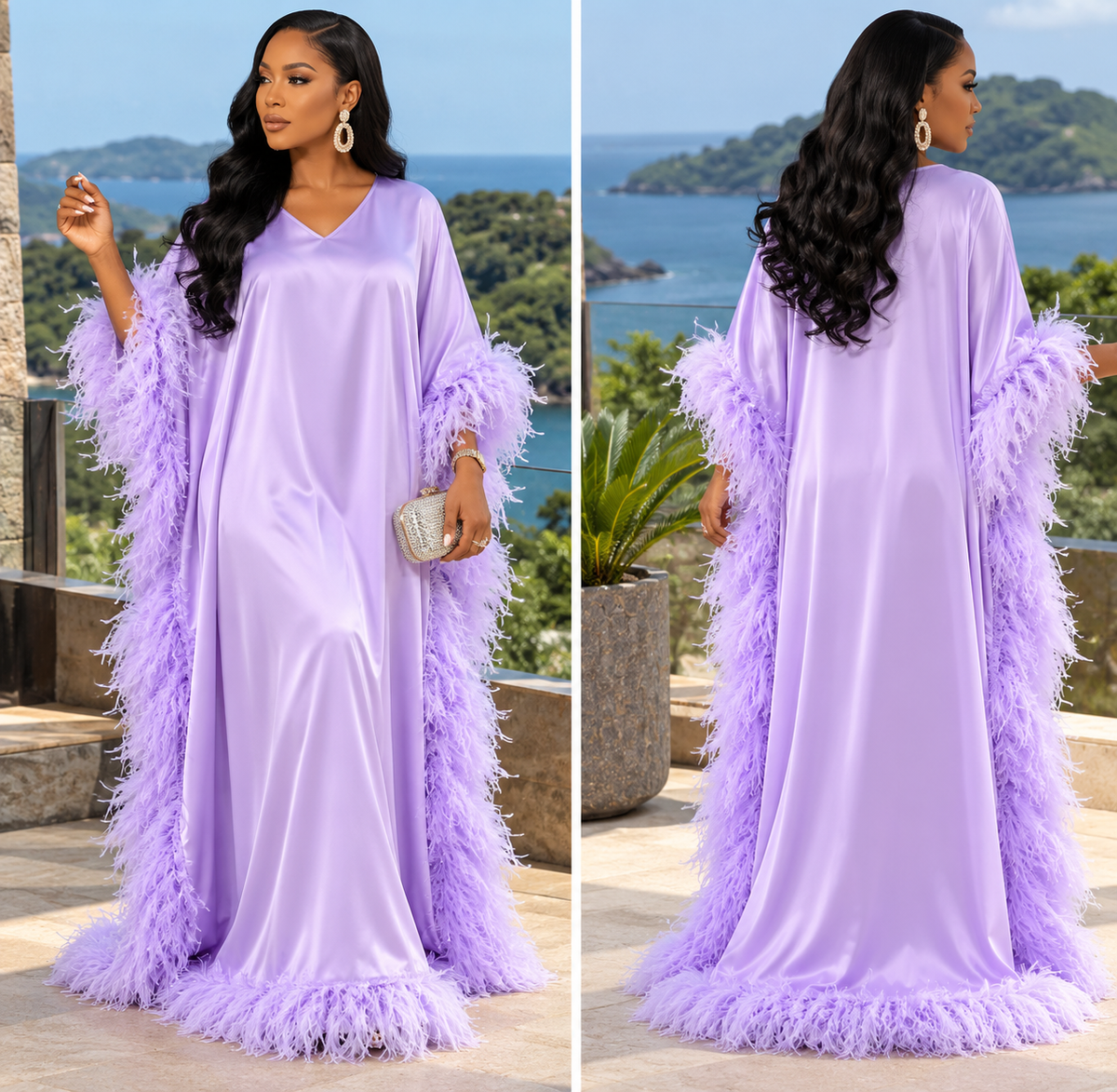 Lavender feather-trimmed Kaftan dress, front and back