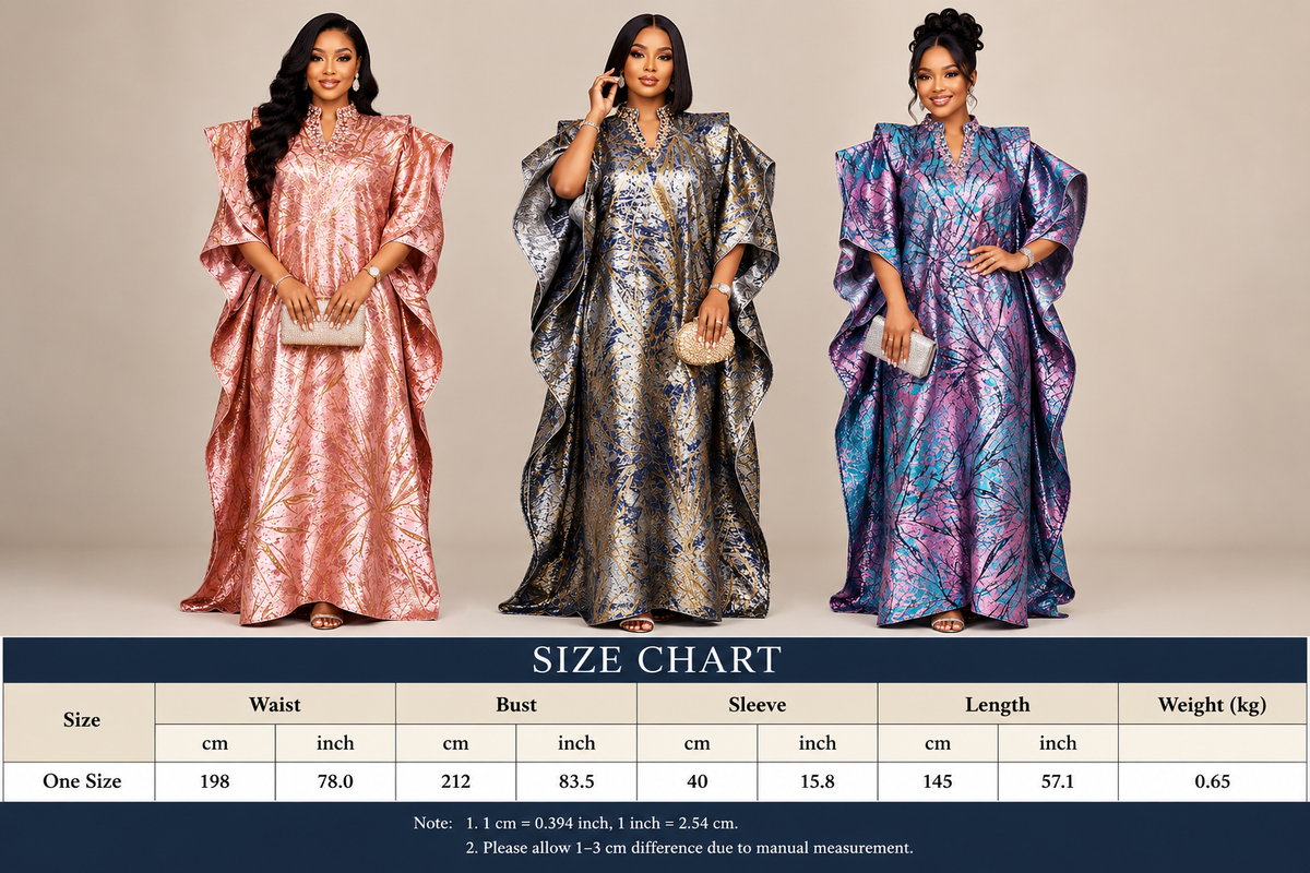 One-size metallic Kaftan size chart with waist, bust, sleeve and length measurements