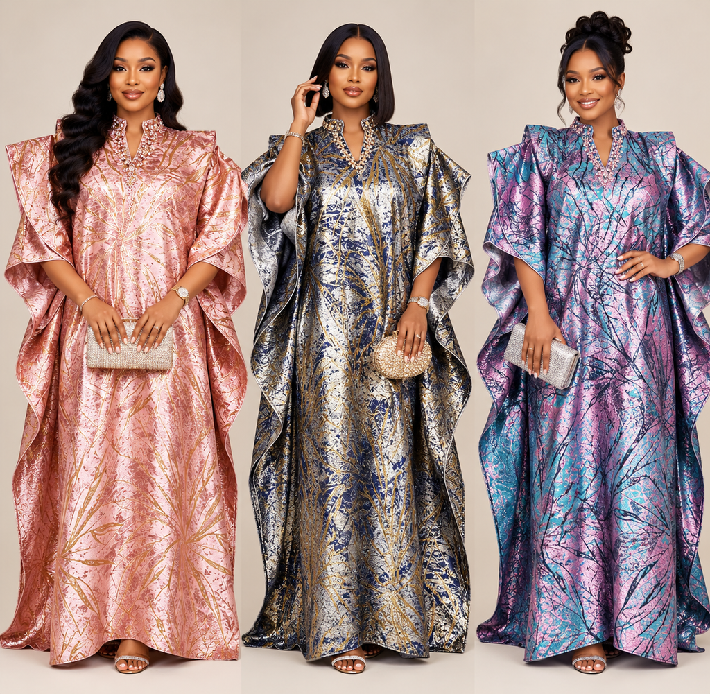 Metallic Kaftan dress in rose gold, silver and sapphire, and purple and turquoise