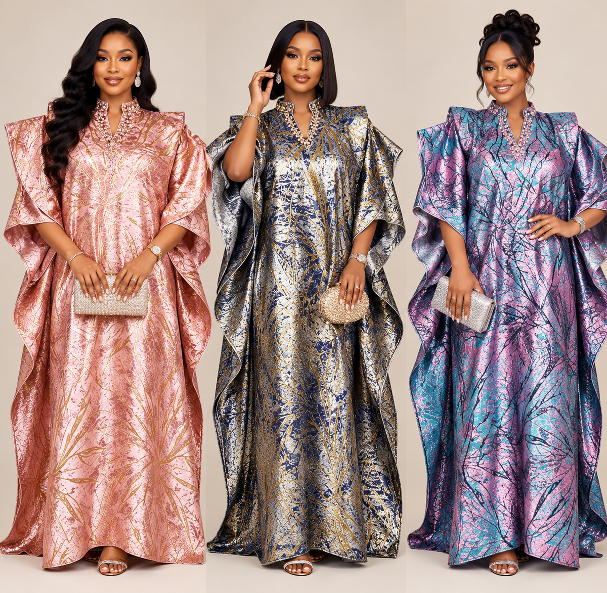 Metallic Kaftan dress in rose gold, silver and sapphire, and purple and turquoise