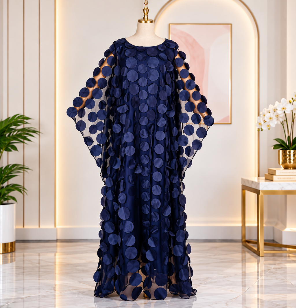 Navy blue disc-embellished Kaftan dress on a mannequin