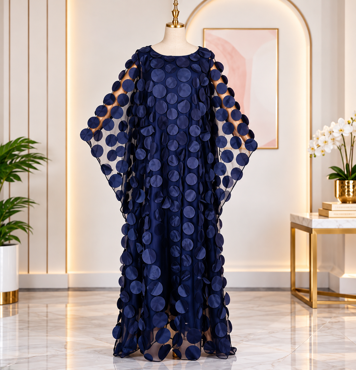 Navy blue disc-embellished Kaftan dress on a mannequin