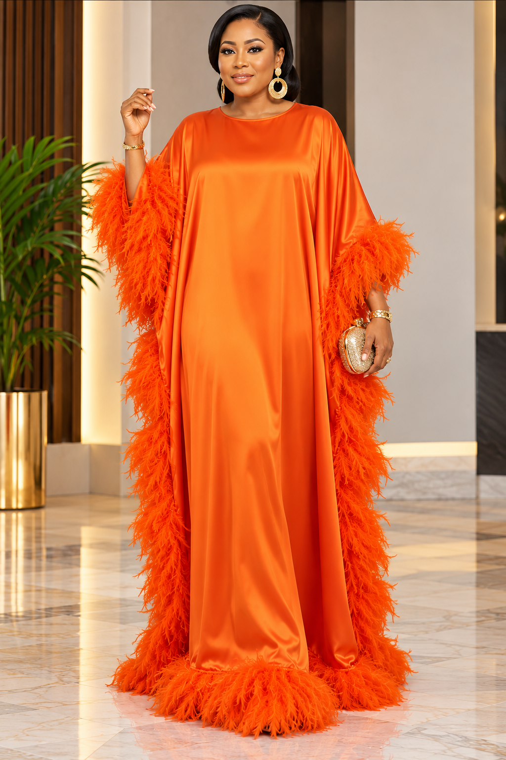 Orange feather-trimmed Kaftan dress, front view