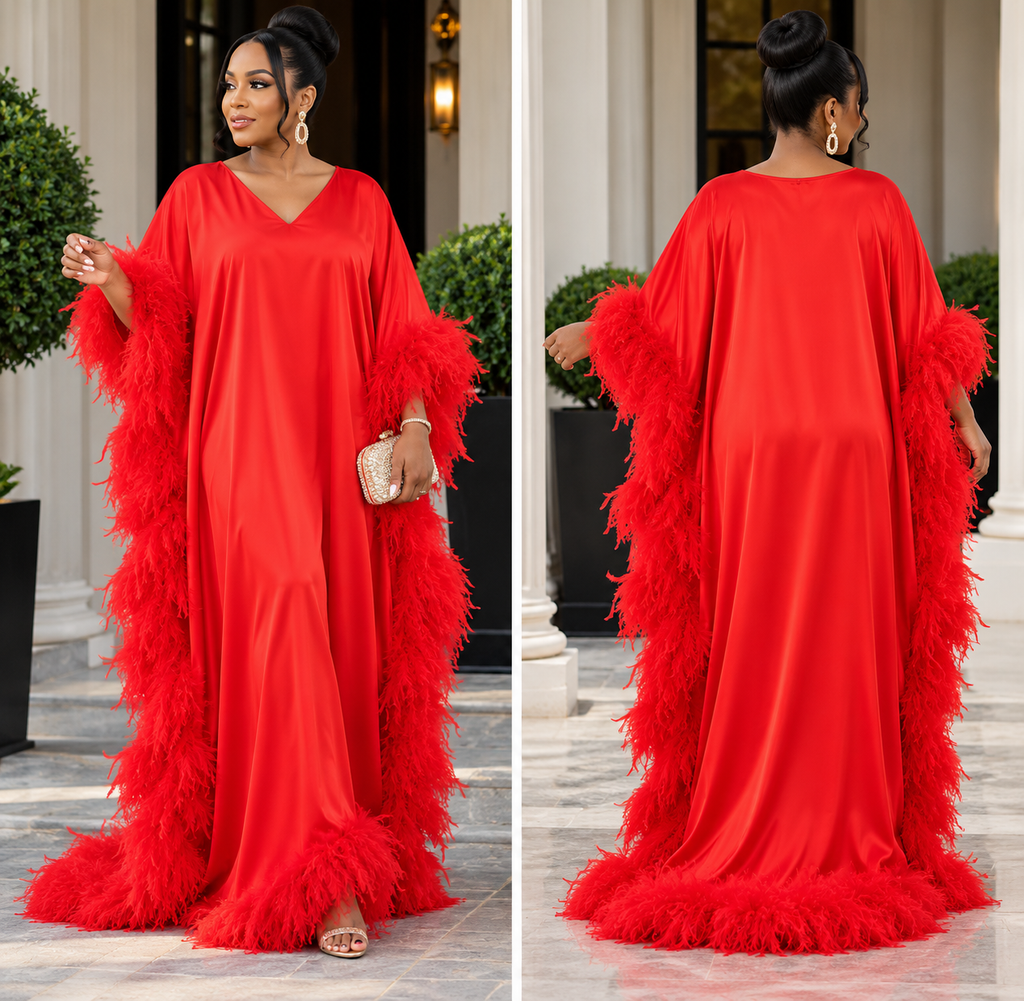 Red feather-trimmed Kaftan dress, front and back