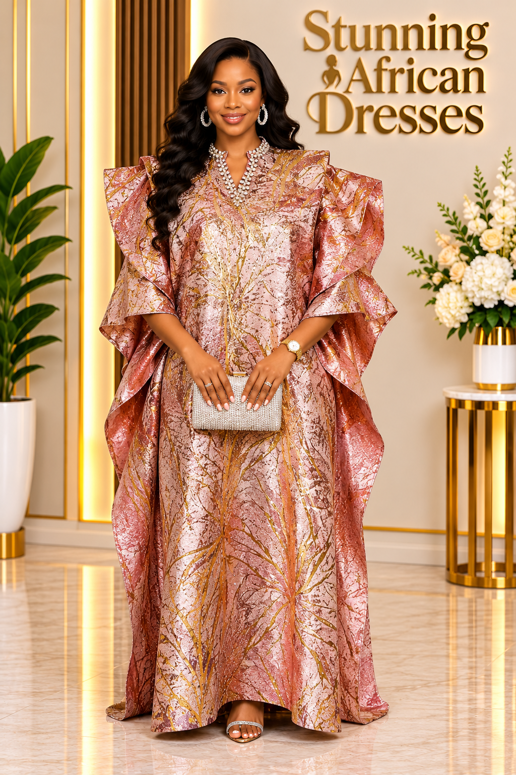 Rose-gold Kaftan dress with embellished neckline