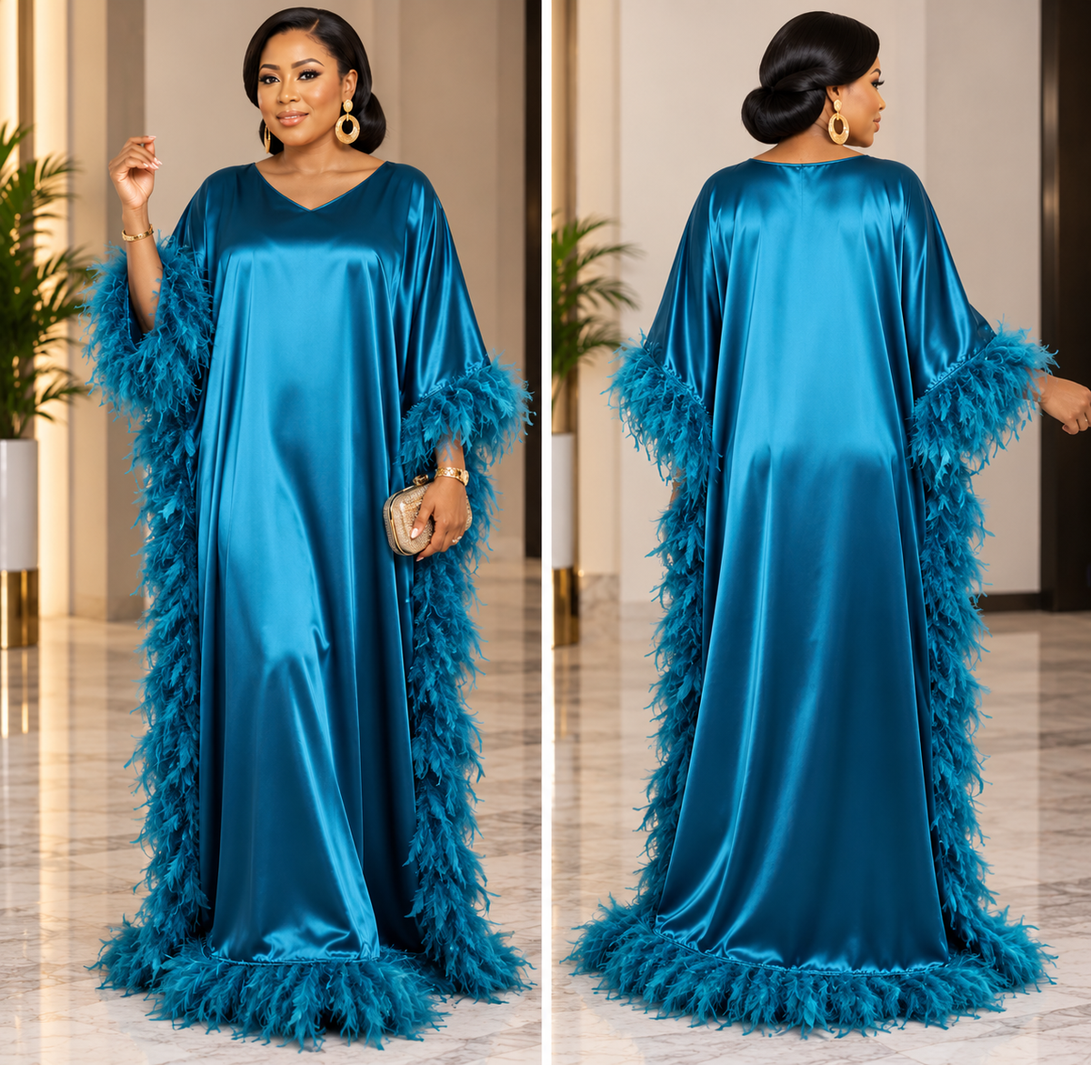 Teal feather-trimmed Kaftan dress, front and back