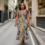 SA 4037 Ankara Fashion Women’s Slim Fit Dress Short Sleeves Patchwork Dashiki Print with Headscarf | Party Wedding Vestidos