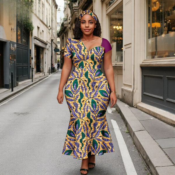 1 SA 4037 Ankara Fashion Women’s Slim Fit Dress Short Sleeves Patchwork Dashiki Print with Headscarf | Party Wedding Vestidos - Image 1