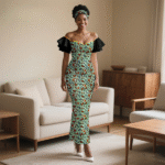 SA 4040 Ankara Fashion African Women Pleated Sleeve Heart-Collar Dress with Headscarf | Elegant Wedding Party Lady Dress - Image 3