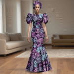 SA 4044 African Party Dress for Women Puff Sleeve O-neck Slim Fit Mermaid Dresses with Headwrap for Birthday Evening Wedding