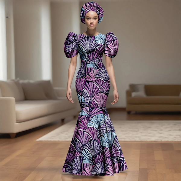 1 SA 4044 African Party Dress for Women Puff Sleeve O-neck Slim Fit Mermaid Dresses with Headwrap for Birthday Evening Wedding - Image 1