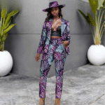SA4029 Africans Femme Set Fashion – Traditional Ankara Print Long Sleeve Coat & Slim Fit Pants with Matching Hat for Wedding Party - Image 2