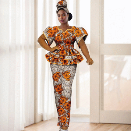 SA 4048 Elegant African Women 2-Piece Dress Set – Dashiki Ankara Puff Sleeve Ruffle Top & Skirt with Headscarf