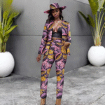 SA4029 Africans Femme Set Fashion – Traditional Ankara Print Long Sleeve Coat & Slim Fit Pants with Matching Hat for Wedding Party - Image 11
