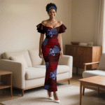 SA 4040 Ankara Fashion African Women Pleated Sleeve Heart-Collar Dress with Headscarf | Elegant Wedding Party Lady Dress - Image 5