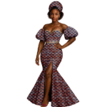 SA 4038 African Women Wedding Party Gown Sexy Puff Sleeve High Slit Mermaid Dress with Headscarf | Dashiki Ankara Style