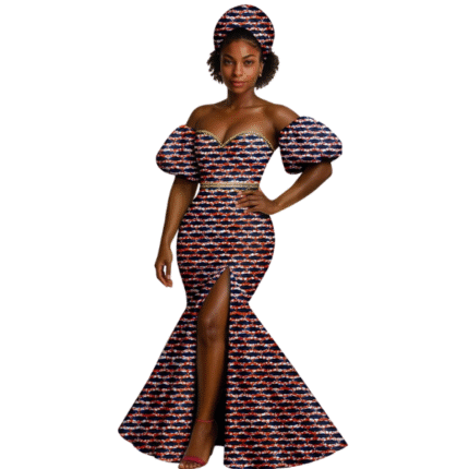 SA 4038 African Women Wedding Party Gown Sexy Puff Sleeve High Slit Mermaid Dress with Headscarf | Dashiki Ankara Style