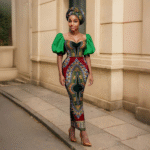 SA 4042 Ankara Fashion Puff Sleeve Women Slim Fit Dress Patchwork Dashiki Ankara Print with Headscarf | African Style Vestidos - Image 2