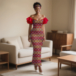 SA 4040 Ankara Fashion African Women Pleated Sleeve Heart-Collar Dress with Headscarf | Elegant Wedding Party Lady Dress