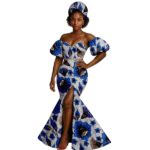 SA 4038 African Women Wedding Party Gown Sexy Puff Sleeve High Slit Mermaid Dress with Headscarf | Dashiki Ankara Style - Image 2