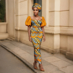 SA 4042 Ankara Fashion Puff Sleeve Women Slim Fit Dress Patchwork Dashiki Ankara Print with Headscarf | African Style Vestidos - Image 3