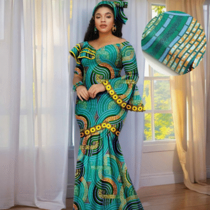 SA4027 African Women Skirt Set Luxury Gown | Short Sleeve Slit Top & Slim Skirt with Headwrap Wedding Dress