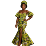 SA 4038 African Women Wedding Party Gown Sexy Puff Sleeve High Slit Mermaid Dress with Headscarf | Dashiki Ankara Style - Image 3