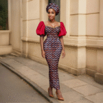 SA 4042 Ankara Fashion Puff Sleeve Women Slim Fit Dress Patchwork Dashiki Ankara Print with Headscarf | African Style Vestidos